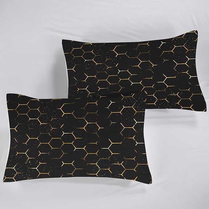 Black and Gold Comforter Set Full/Queen Size Geometric Honeycomb Bedding for Girls Boys Women Bedroom Decor Quilt Bed Sets, 1 Comforter 2 Pillowcases