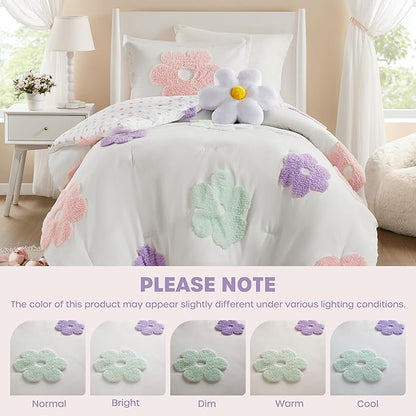 Intelligent Design Kids Twin Comforter Set for Girls, Tufted Chenille Floral Comforter Set Twin, Lightweight Polka Dot Comforter Reversible Bed Set, Sham, Pillow, Gracie, Twin White/Purple 3 Piece