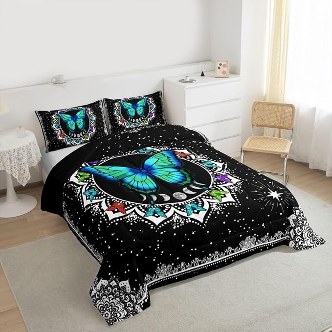 Erosebridal Butterfly Bedding Set King Size Galaxy Duvet Set Starry Sky Comforter Sets Boho Colorful Wild Animals Down Comforter for Moth Moon All Season Mandala Black White Duvet Set