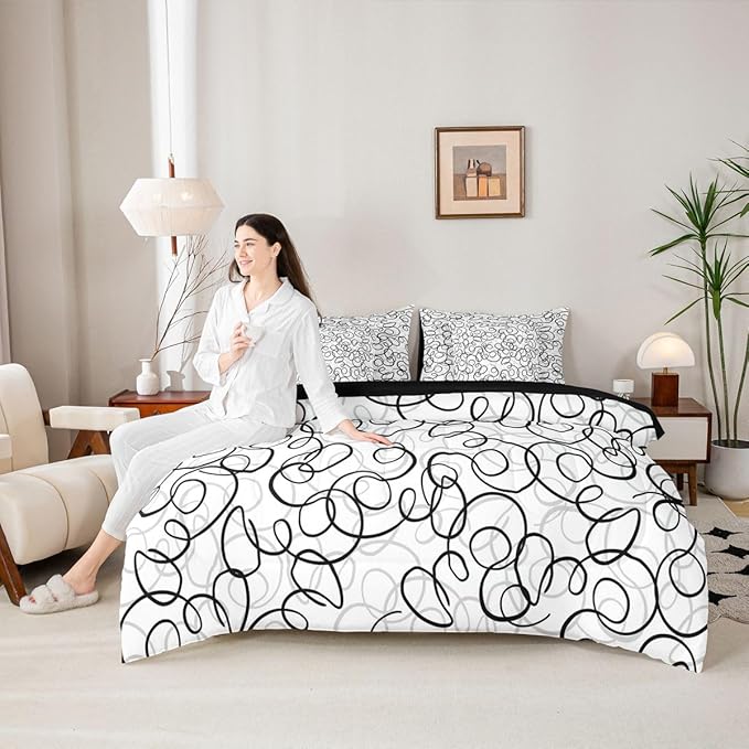 Erosebridal Geometric 7 Piece Comforter Set Full Bed in A Bag Black Gray White Abstract Swirls Bedding Set for Boys Girls Modern Abstract Texture Bedroom Decor Contemporary Lines Aesthetic Sheet Set