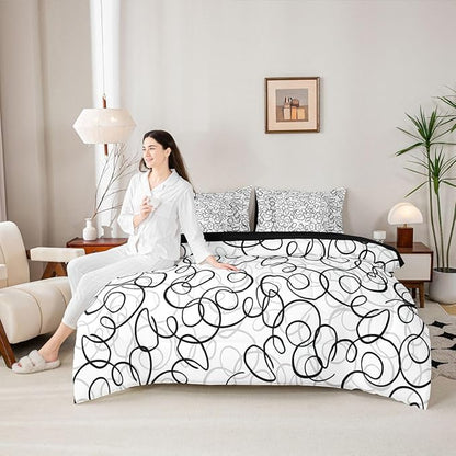 Erosebridal Geometric 7 Piece Comforter Set King Bed in A Bag Black Gray White Abstract Swirls Bedding Set for Boys Girls Modern Abstract Texture Bedroom Decor Contemporary Lines Aesthetic Sheet Set