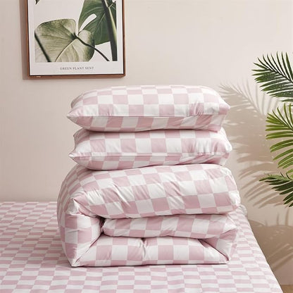 Houseri Pink Plaid Comforter Set Full White and Light Pink Buffalo Checkered Bedding Full Size Teen Girls Baby Pink Checkerboard Dorm Bed Quilt Soft Comfy Preppy Pale Pink Grid Comforters Full