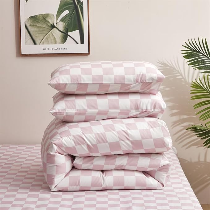 Houseri White Pink Plaid Comforter Set King Light Pink Checkerboard Bedding Comforter Sets Women Elegant Baby Pink Buffalo Checkered Bed Quilt Blanket Comfy Pale Pink Grid Gingham Comforter King Size