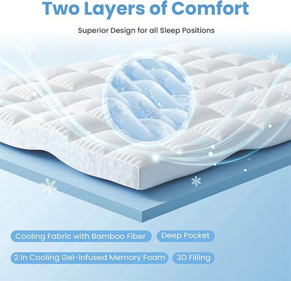 DUMOS Dual Layer 4 Inch King Mattress Topper, Memory Foam Mattress Topper - 2 Inch Gel Memory Foam and 2 Inch Pillow Top Mattress Pad Cover for Back Pain, Thick Soft Topper with 8-16 Inch Deep Pocket