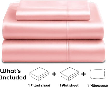 Satin Sheets Twin [3-Piece, Pink] Hotel Luxury Silky Bed Sheets - Extra Soft 1800 Microfiber Sheet Set, Wrinkle, Fade, Stain Resistant - Deep Pocket Fitted Sheet, Flat Sheet, Pillow Cases