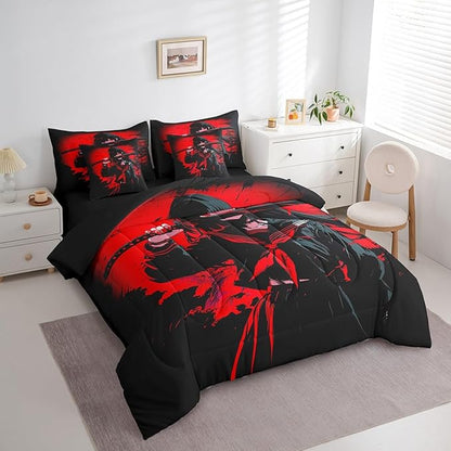 Erosebridal Japanese Anime Bedding Set 7 Piece for Kids, Anime Girl Comforter Sets Twin Size Japanese Girl Sheet Set for Girls Teens Adult, Kawaii Animation Red Black Bed in A Bag, Machine Washable