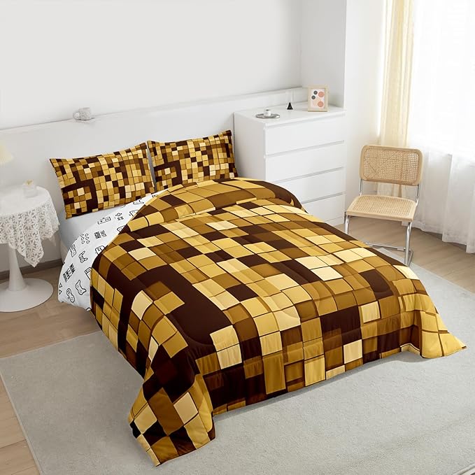 Pixelated Miners Game Kids Comforter Set Twin Size,Geometric Check Video Games Bedding Set Boys Room Decor,Gamepad Grid Modern Quilt Comforter,Dark Yellow Duvet Set Bedroom Quilt Set,1 Pillowcase