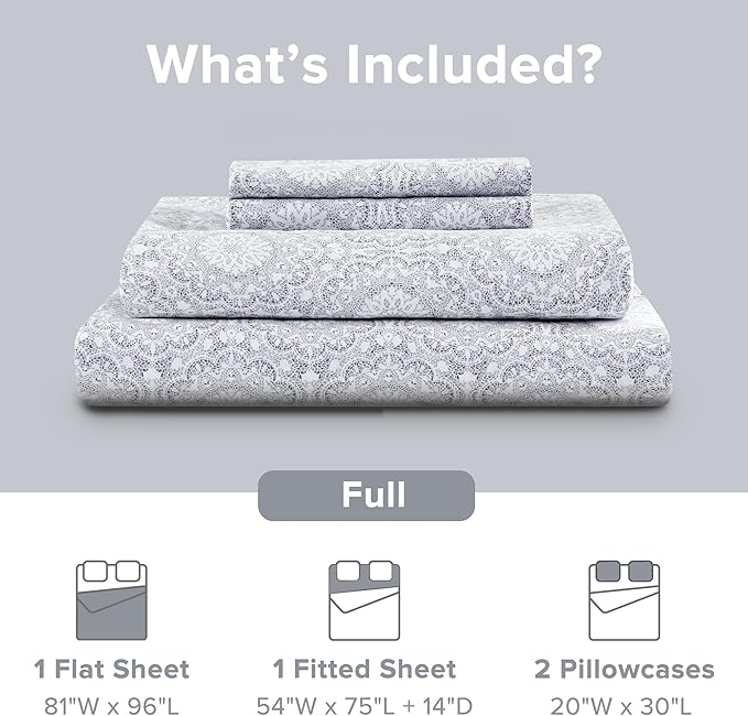 Comfort Spaces 100% Cotton Sheet Set Breathable, Lightweight, Soft with 14" Elastic Pocket Fits up to 16" Mattress, All Season Cozy Bedding, Matching Pillow Case, Full Adelia Gray 4 Piece