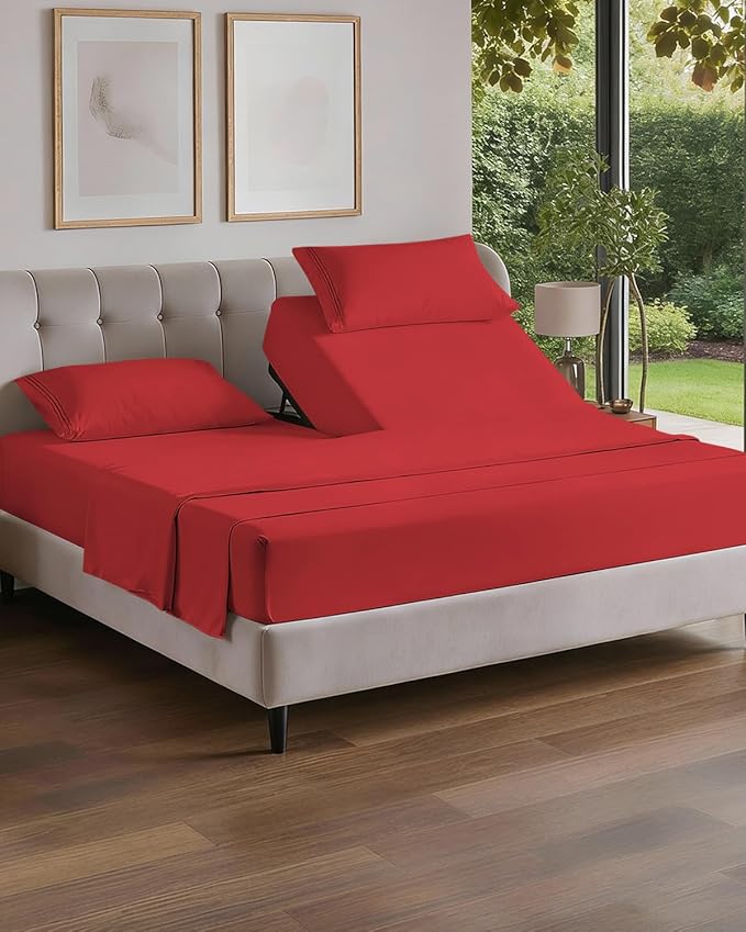 Flex Top Split Head King 4 Piece Sheet Set - Comfy Breathable & Cooling Bed Sheets Set - Hotel Luxury Bedding for Women, Men, Kids, Teens, Boys and Girls - Deep Pockets, Ultra-Soft & Oeko-Tex - Red