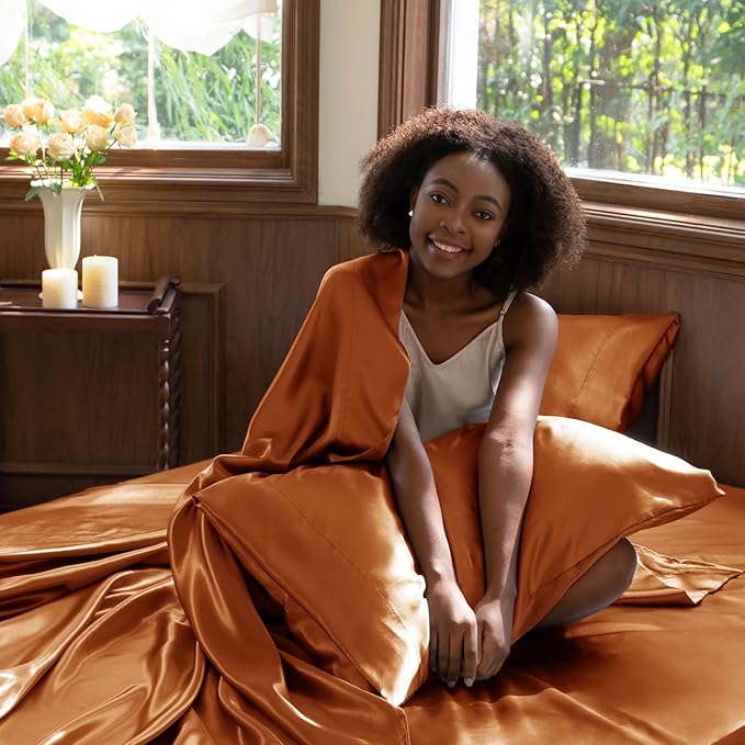 CozyLux Satin Sheets Queen Size Bed Set - 4 Piece Silky Queen Sheet Set, Luxury Terracotta Queen Sheets with Smooth and Soft Microfiber, Includes 1 Fitted Sheet, 1 Flat Sheet and 2 Pillowcases