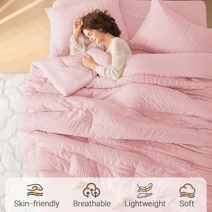 MUXHOMO 5 Pieces Twin XL Comforter Set, Seersucker Bed in a Bag Twin XL Size, All Season Luxury Bedding Set with Comforter, Flat Sheet, Fitted Sheet, Pillowcase & Sham, Pink