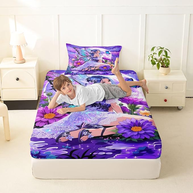 Erosebridal Fairy Girl Fitted Sheet Twin Flower Fairytale Bed Sheets for Boys Girls Blue Butterfly Floral Decor Bed Set Purple Galaxy Moon Sheets with 1 Pillowcase