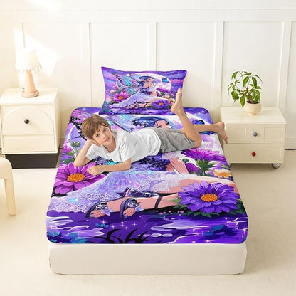 Erosebridal Fairy Girl Fitted Sheet Twin Flower Fairytale Bed Sheets for Boys Girls Blue Butterfly Floral Decor Bed Set Purple Galaxy Moon Sheets with 1 Pillowcase