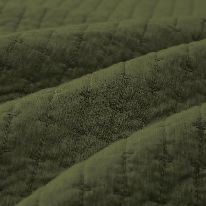 Wonderful Cotton Blended Jersey Knit Queen Quilt, Stitch Bedding Heather Dark Green Quilt with 2 Pillow Shams, Cloud Bedpsread, All-Season Coverlet, 94"x94"