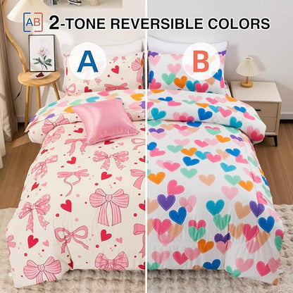 A Nice Night Chic Bowknot Kids Comforter Set for Girls, Twin Size 6 Piece Bed in a Bag Soft Polyester Bedding Set with Love, Bow & Polka Dot Design, Beige
