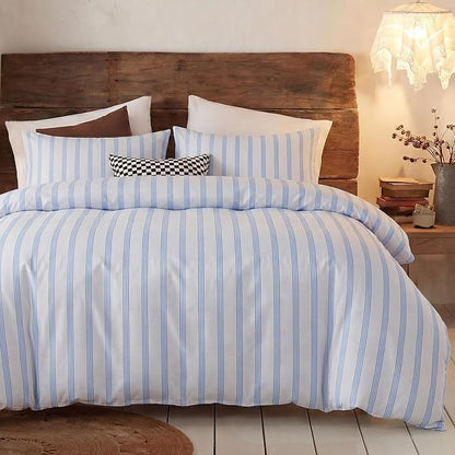 Bedbay Cotton Striped Duvet Cover Set Queen Size, Grey Blue Striped Bedding, 100% Cotton Sateen, Silky Soft Modern Minimalist 3 Piece Bedding Set for All Seasons
