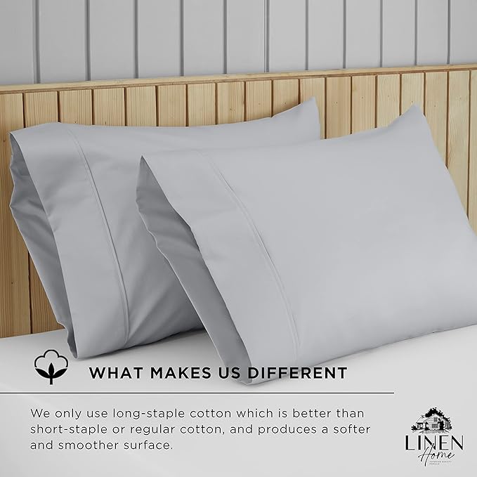 Linen Home 600 Thread Count King Pillowcase Set | 100% Long-Staple Cotton Pillow Cases | Soft & Smooth Luxury Satin Set of 2 Pillowcases | 4 Inch Z Hem | Silver