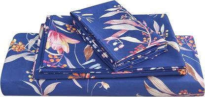 JSD Navy Floral Sheet Set Queen Size, 4 Piece Soft Printed Microfiber Sheets Extra Deep Pocket