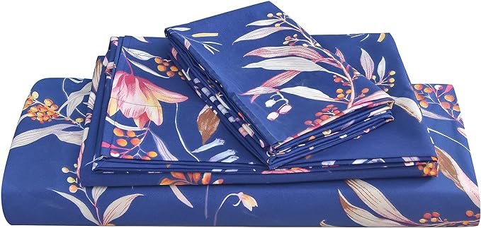 JSD Navy Floral Sheet Set King Size, 4 Piece Soft Printed Microfiber Sheets Extra Deep Pocket