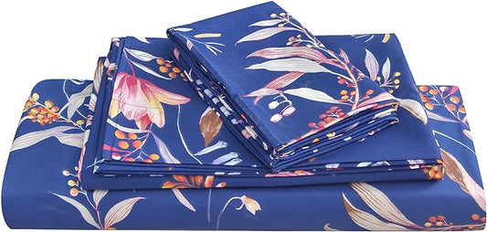 JSD Navy Floral Sheet Set King Size, 4 Piece Soft Printed Microfiber Sheets Extra Deep Pocket