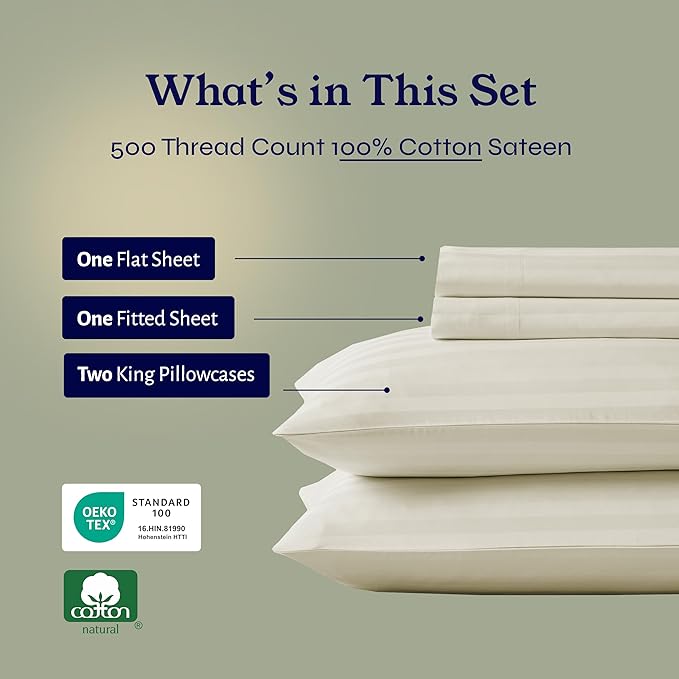 California Design Den 4 Piece King Size Sheet Set - 100% Cotton 500 Thread Count Sateen, Deep Pocket Bed Sheets with Fitted Elastic Sheet, Soft Luxury - Striped Ivory