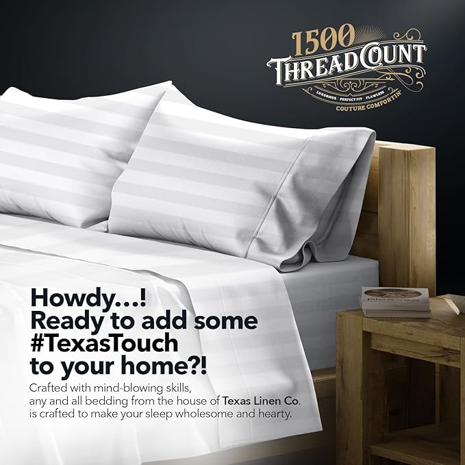 TEXAS LINEN CO. 100% Egyptian Cotton Sheets Queen Size - 1500 Thread Count 4 PC Damask Sheet Set, Sateen Luxury Sheet Queen Size, High Thread Count Sheets, Fits Upto 19" Deep Pocket, White Stripe
