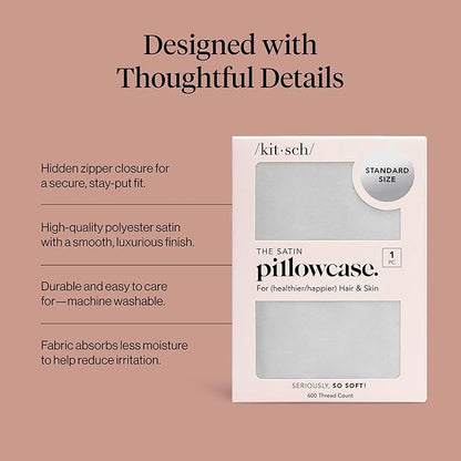 Kitsch Satin Pillowcase with Zipper for Hair & Skin - Softer Than Silk Pillow Cases, Smooth Cooling Satin Pillow Case, Wrinkle-Free, Machine Washable - Pillow Cases Standard Size (19x26) - Silver