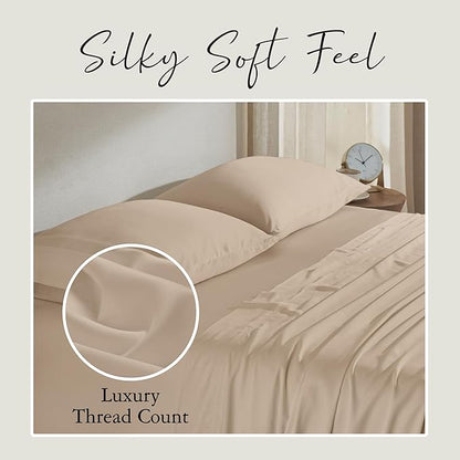 KARISSA MAE Cooling Bamboo Viscose 34" Split Top King Sheet Set | 100% FSC Certified | 18” Deep Pocket | Silky, Soft, & Hypoallergenic | with Organizer Band & Elastic Corner Straps [Dune]