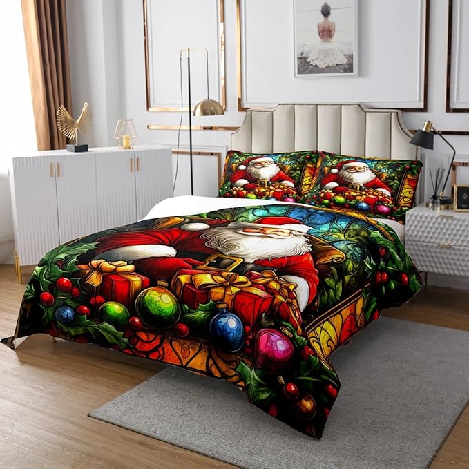 Santa Claus Kids Bedspread Twin Size,Merry Christmas Happy New Year Xmas Coverlet Set,Boys Girls Room Decor,Flowers Leaves Rustic Farmhouse Quilted Coverlet,Red Retro Bedding Quilt,1 Pillowcase