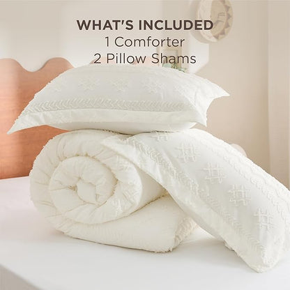 Bedsure Tufted Boho Comforter Set Queen Size - White Boho Bed Set, GentleSoft™ 3 Pieces Farmhouse Shabby Chic, Home Decor Bedding, Gifts for Woman, Soft Jacquard Queen Comforter for All Seasons