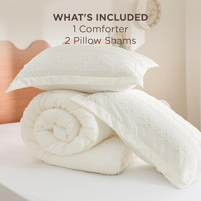 Bedsure Tufted Boho Comforter Set Queen Size - White Boho Bed Set, GentleSoft™ 3 Pieces Farmhouse Shabby Chic, Home Decor Bedding, Gifts for Woman, Soft Jacquard Queen Comforter for All Seasons