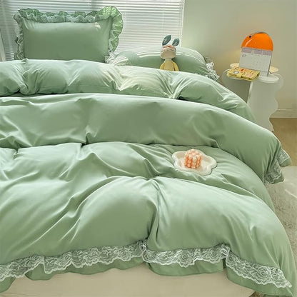 MOOWOO Chic Ruffle Lace Polyester Duvet Cover Set -Girl Green Bedding-2 Piece Twin Duvet Cover with Zipper Closure -Ultra Soft and Light Weight (Green,Twin Size)