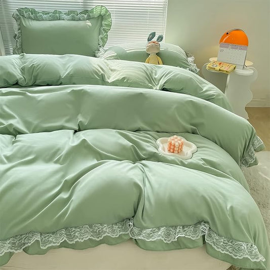 MOOWOO Chic Ruffle Lace Polyester Duvet Cover Set -Girl Green Bedding-3 Piece Full Duvet Cover with Zipper Closure -Ultra Soft and Light Weight