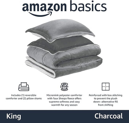 Amazon Basics 3-Piece Down Alternative Micromink Sherpa Bedding Set, Ultra-Soft, Warm All Season Comforter, Machine Washable, King, Charcoal