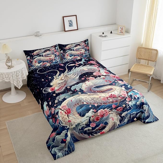 Dragon Comforter Set King Size,Pink Cherry Blossom Japanese Ukiyoe Bedding Set 3Pcs,Kids Girls Boys Teens Room Decor,Ocean Sea Wave Quilt Set Western Wildlife White Dragon Duvet Insert,2 Pillowcases