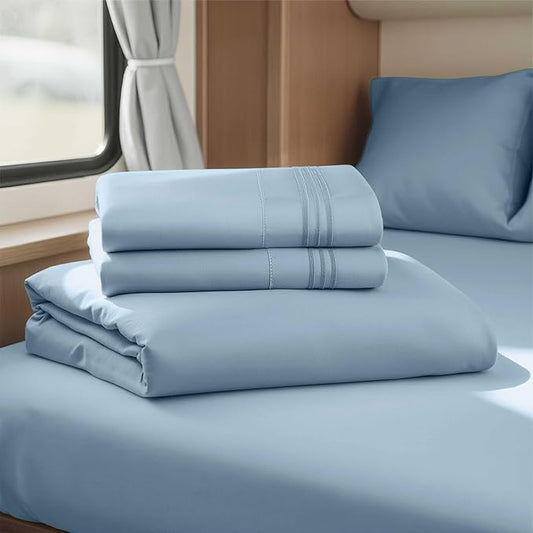 Clara Clark Bed Sheets, Premier 1800 Series 4 Piece RV Queen Sheet Set, Luxury Soft Sheets for RV Bunks, Short Queen - Stone Blue