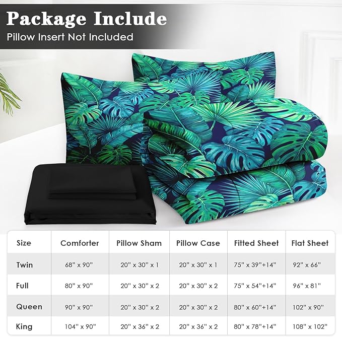 7 Pcs Full Size Comforter Set with 2 Pillowcases & 2 Shams, Tropical Palm Leaf Bedding for Kids and Adults, Green Floral Turquoise Bed in a Bag with Flat Fitted Sheet