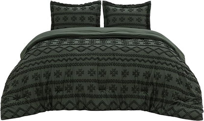Bedsure Tufted Boho Comforter Set Queen Size - Olive Green Boho Bed Set, GentleSoft™ 3 Pieces Farmhouse Shabby Chic, Home Decor Bedding, Gifts for Woman, Soft Jacquard Queen Comforter for All Seasons