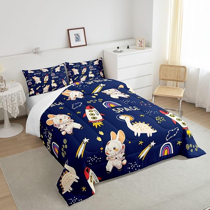 Castle Fairy Cute Rabbits Boys Girls Comforter Set Full Size,Kids Boys Dinosaurs Duvet Sets Teens Bedroom Decor,Cartoon Rocket Starry Galaxy Navy Brushed Microfiber Soft Bedding Comforter