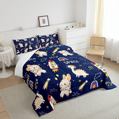 Cute Rabbits Bed Comforters Set Queen Size,Kids Boys Dinosaurs Super Soft Microfiber Bedding Set for Boys Girls,Cartoon Rocket Starry Galaxy Navy Room Decorative Comforter Set,2 Pillowcase
