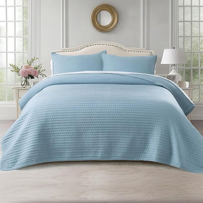 Kasentex KWX1804-BL Quilt Mini Set-Stone Washed-Super Soft Bedspread-Light Weight-White Down Alternative Microfiber Fill-Machine Washable-Solid Colors, Full/Queen + 2 Shams, Blue