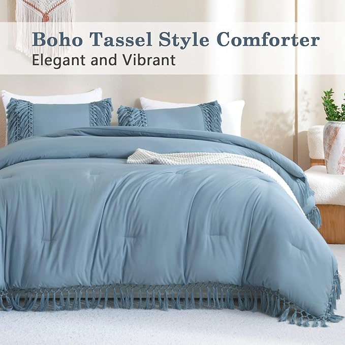 Andency Grayish Blue Comforter Set King, 3 Pieces Boho Tassel Lightweight Soft Bedding Comforter Sets for King Bed, All Season Fluffy Fringe Bed Set (104x90In Comforter & 2 Pillowcases)