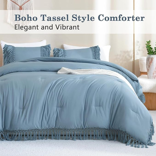 Andency Grayish Blue Comforter Set King, 3 Pieces Boho Tassel Lightweight Soft Bedding Comforter Sets for King Bed, All Season Fluffy Fringe Bed Set (104x90In Comforter & 2 Pillowcases)