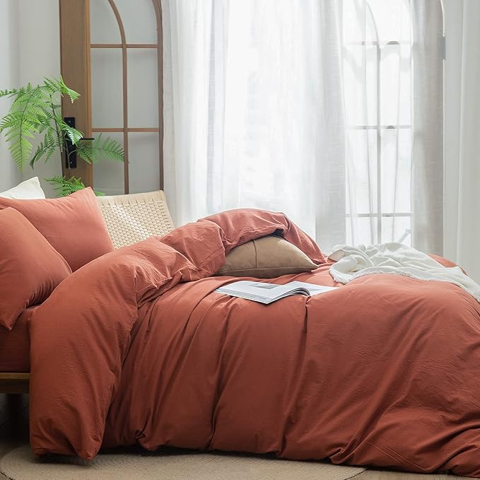 BESTOUCH Duvet Cover Set 100% Washed Cotton Linen Feel Super Soft Comfortable Chic Lightweight 3 PCs Home Bedding Set Solid Crimson Red Cal King