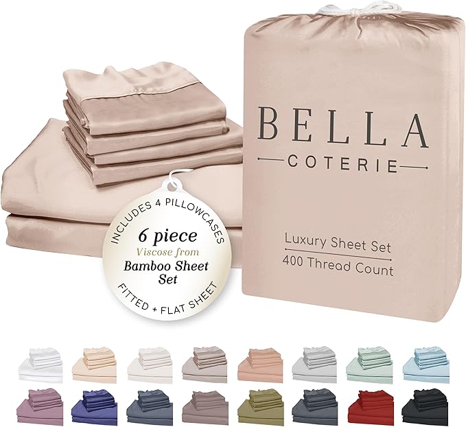 Bella Coterie 6 Piece Luxury Bamboo Viscose California King Size Sheet Set | 100% Organically Grown | Cooling for Hot Sleepers | 18" Deep Pocket | Soft & Hypoallergenic | 4 Pillowcases [Dusty Rose]