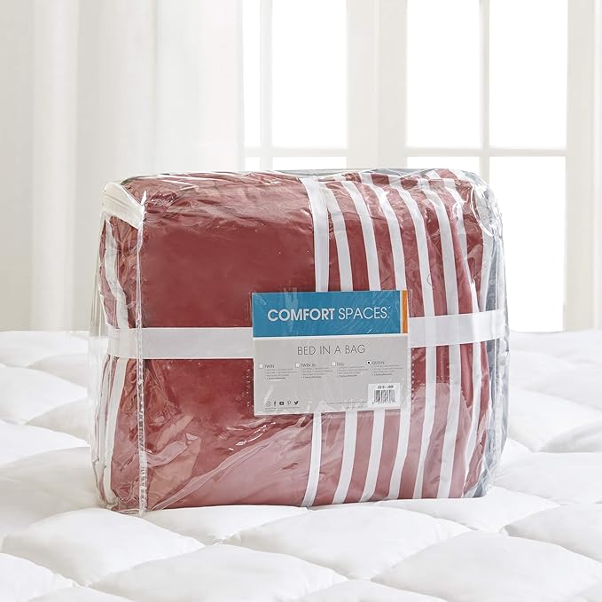 Comfort Spaces Twin XL Comforter Sets with Sheets - Bed in a Bag 6 Pieces Teen Bedding Sets, Red and Grey Stripes Bedding Twin XL, College Twin XL Bed Set with 2 Side Pockets Bedroom Organizer