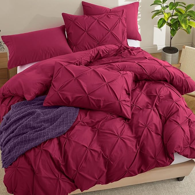 VACVELT 5 Piece Pinch Pleated Duvet Cover Full/Queen Size Set, Burgundy Pintuck Duvet Cover with Zipper & 8 Ties, Shabby Chic Microfiber Duvet Cover + 2 Pillow Shams + 2 Pillowcases, No Comforter