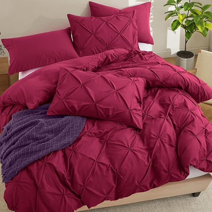 VACVELT 5 Piece Pinch Pleated Duvet Cover Full/Queen Size Set, Burgundy Pintuck Duvet Cover with Zipper & 8 Ties, Shabby Chic Microfiber Duvet Cover + 2 Pillow Shams + 2 Pillowcases, No Comforter