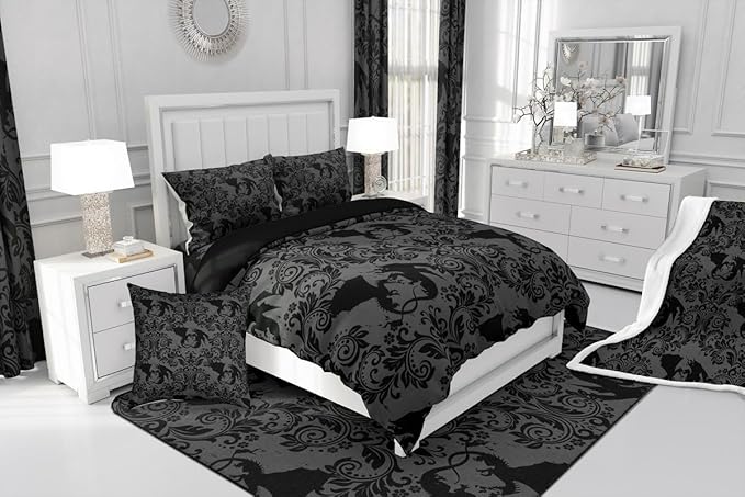 Feelyou Adults Gothic Kids Comforter Set Twin Size Dark Olive Green Damask Bedding Set Dragon Duvet Quilt for Kids Boys Girls Bedroom Decor Microfiber Ultra Soft Breathable