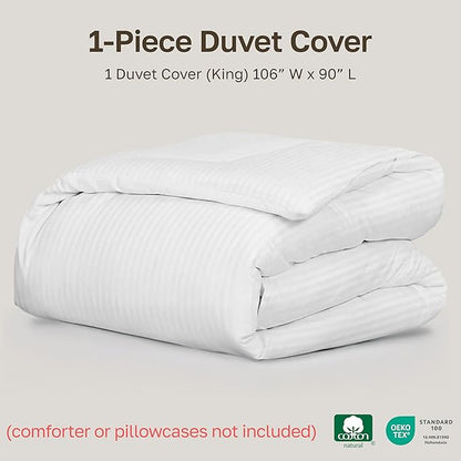 California Design Den Striped White Duvet Cover King Size Only - Premium 400 Thread Count, 100% Cotton Sateen, Button Closure & Corner Ties - White